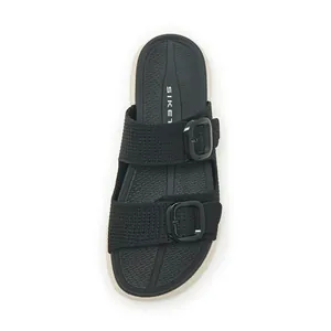 Top-down view showing detail of black double-strap sports slide sandal for women