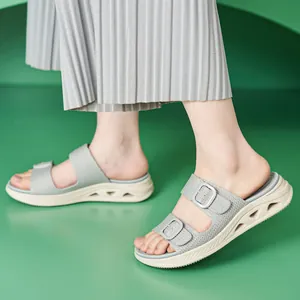 Breathable grey knit platform slide sandals with adjustable metal buckles for women
