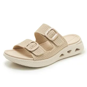 Women's breathable platform slide sandals with knitted straps and hollowed soft sole