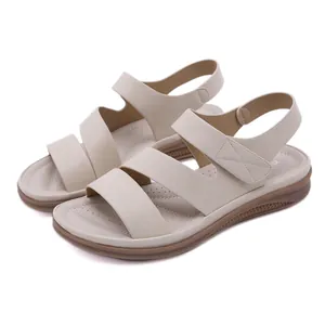 Women's casual beige wedge sandals with comfortable hook and loop strap design