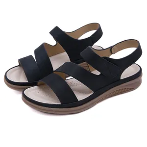 Black comfortable wedge sandals for women with triple straps and lightweight sole