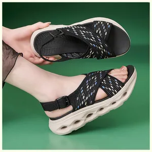 Detailed shot of lightweight flyknit platform sandals with hollowed sole for women