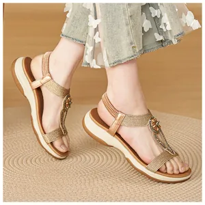 Stylish Bohemian gold rhinestone sandals with soft non-slip sole for women's summer wear