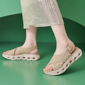 Women's casual beige platform sandals with breathable knitted cross-strap design