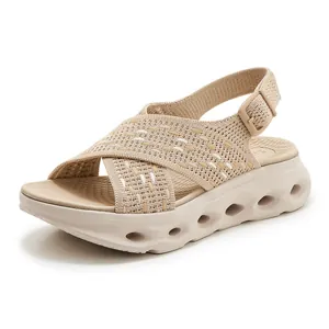 Comfortable women's lightweight fly-knit platform sandals with breathable cut-out sole