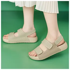 Sandalias tejidas beige para mujer con correas dobles de velcro y suelas blandas gruesas