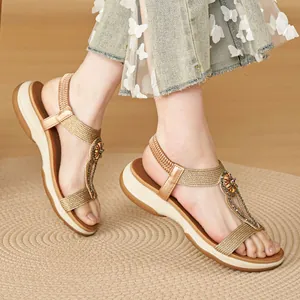 Bohemian Women Wedge Sandals Rhinestone Floral Elastic Back Strap Braided Comfortable Summer Beach Roman Sandals Champagne Gold Black