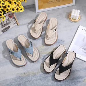 Retro women's wedge flip-flop sandals in stylish beige, blue, and black colors