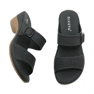 Comfortable black wedge sandals for women with rhinestone strap and decorative buckle