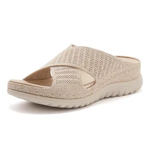 Comfortable beige women's breathable flyknit platform sandals with stylish cross straps