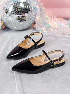 Elegant French style black patent leather pointed-toe slingback flats with adjustable buckle straps