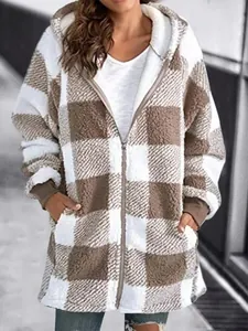 Full view of women's loose plush plaid hooded jacket with zip closure and pockets