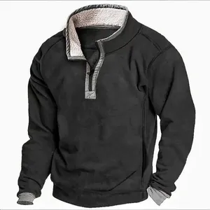 Detail view of men's quarter-zip sweatshirt with warm fleece-lined stand collar
