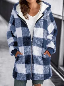 Close-up of blue and white checkered plush fleece hooded jacket with front zipper.