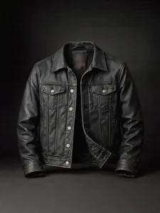 Detailed front view of a vintage black leather motorcycle jacket with chest pockets.