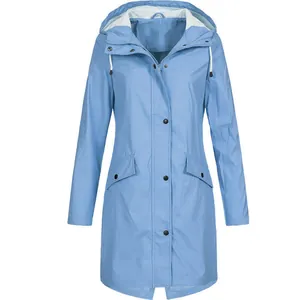 Light blue women's mid-length hooded outdoor raincoat windbreaker jacket detail