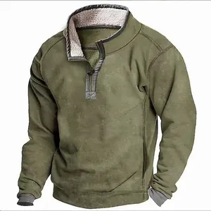 Detail view of olive green men's fleece sweatshirt with a stand collar and 1/4 zip.