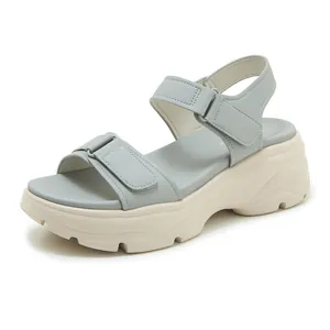 Side view of light blue platform sandals with velcro straps and soft thick soles