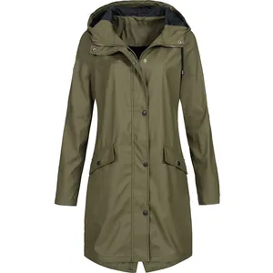Front view of a women's mid-length olive green outdoor windbreaker with hood and pockets