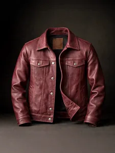 Premium men's vintage burgundy leather biker jacket with collar and chest flap pockets