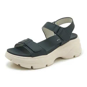 Detailed side view of women's thick-soled platform sandals with dual adjustable straps