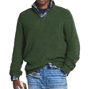 Close-up of men's green ribbed knit sweater featuring a stylish half-zip high collar design