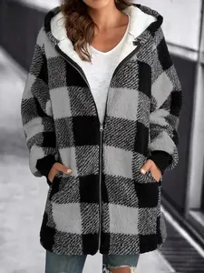Detail of women's plush checkerboard plaid hooded jacket with zip closure and pockets