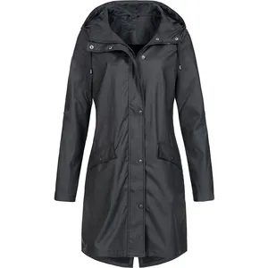 Detailed view of women's black mid-length hooded outdoor windbreaker hiking jacket