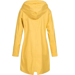 Back view of women's mid-length yellow hooded waterproof raincoat windbreaker
