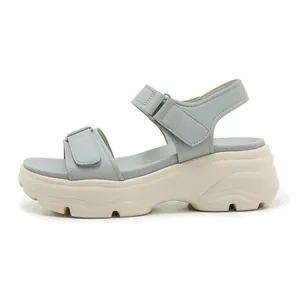 Side view detail of women's light blue platform sandals with adjustable velcro straps.