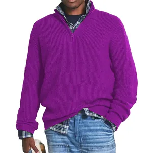 Detail shot of men's purple quarter-zip ribbed knit sweater with high collar