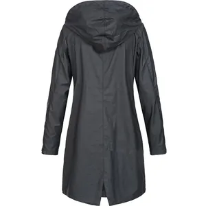 Back view of a women's black mid-length hooded waterproof windbreaker jacket.