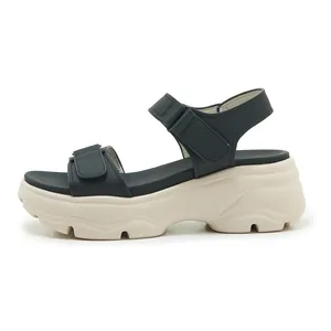 Side view of women's chunky platform sandals with adjustable velcro straps in dark grey