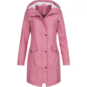Front view of a stylish pink mid-length hooded windbreaker jacket with black snap buttons