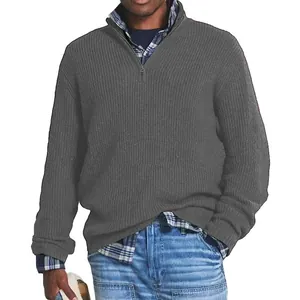 Detailed view of men's charcoal grey ribbed knit sweater with a quarter-zip mock neck