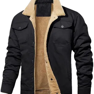 Men's casual black cotton workwear jacket with warm beige sherpa fleece lining