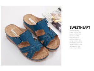 Blue wedge sandals for women featuring cross-strap design and soft rubber outsole.
