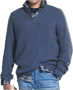 Classic blue men's quarter-zip ribbed sweater for autumn and winter daily casual wear