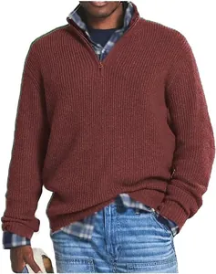 Men's burgundy quarter-zip knit sweater featuring a vertical ribbed texture detail.