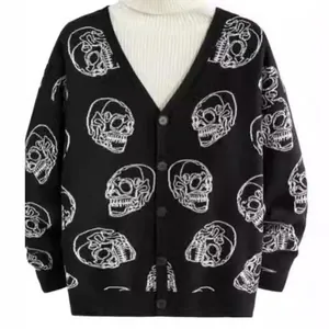 Gilet en maille noir avec motif jacquard tête de mort blanc pour hommes et femmes