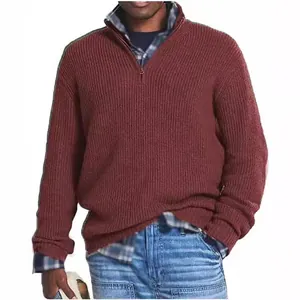 Men's Casual Quarter-Zip Knit Sweater Ribbed Long Sleeve Pullover Slim Fit Basic Solid Color Top For Autumn Winter Warm Knitwear