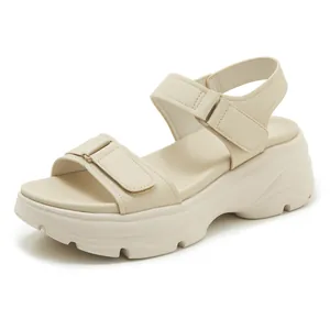 Cream platform sandals for women with dual adjustable velcro straps and soft non-slip sole