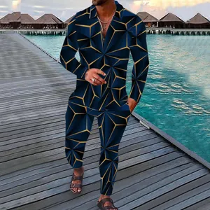 Men's two-piece casual set with navy blue and gold geometric 3D star pattern design
