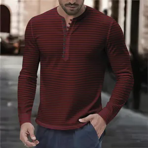 Men's red and black striped Henley shirt with multi-button placket and long sleeves