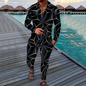 Men's casual two-piece suit featuring golden geometric patterns on black fabric