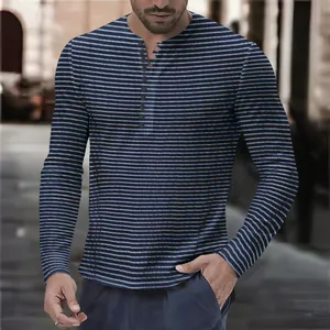 Close-up of men's long-sleeved horizontal striped Henley shirt in blue and black