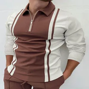Detailansicht Herren Langarmshirt Slim-Fit mit braunem Color-Block-Design und Reißverschluss