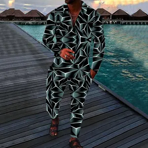 Casual men's two-piece tracksuit set featuring a 3D geometric green and black pattern