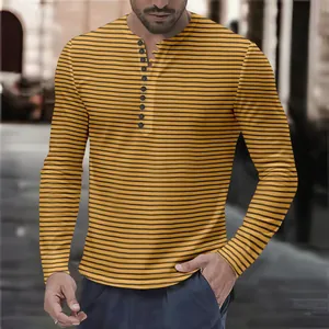 Stylish yellow and black striped men's long-sleeve Henley shirt with button placket