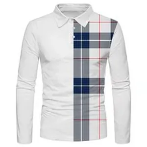 Detail des schmal geschnittenen weißen Langarm-Poloshirts für Herren mit Karomuster-Design